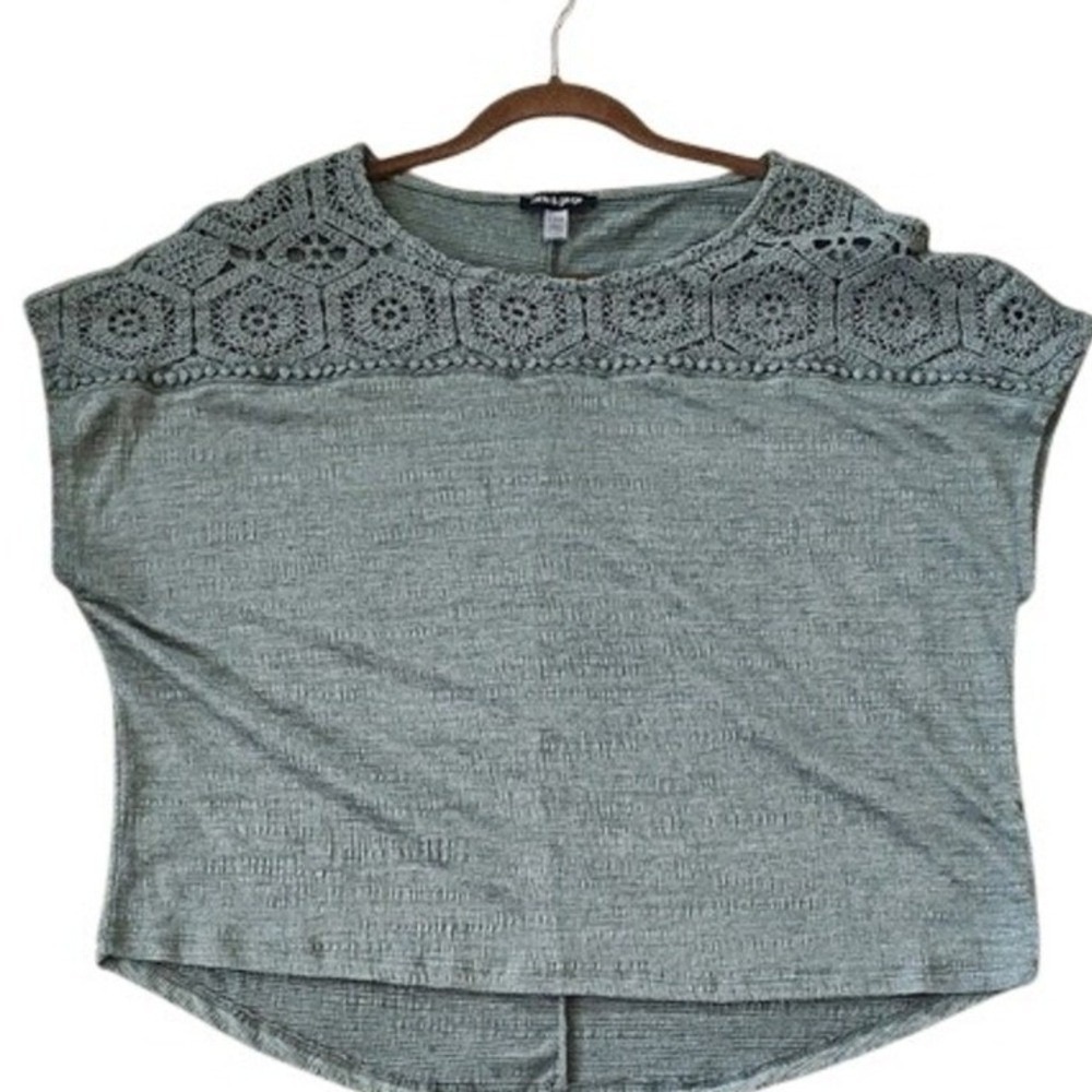 Cable & Gauge Women XL Sage Green Crochet Lace Yoke Short Sleeve Knit Top Blouse